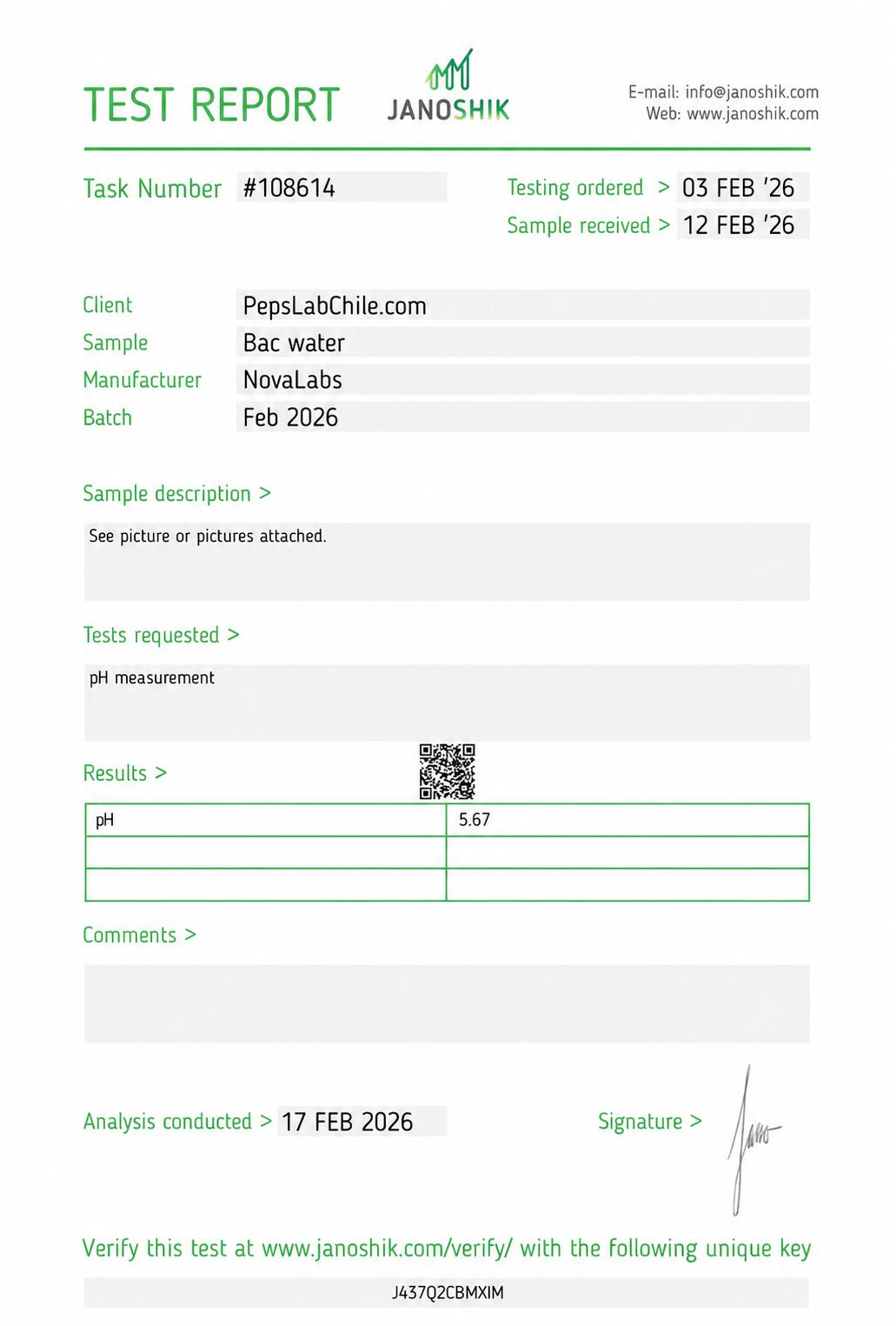 Agua Bac 10mg COA (Certificate of Analysis o Certificado de Análisis)