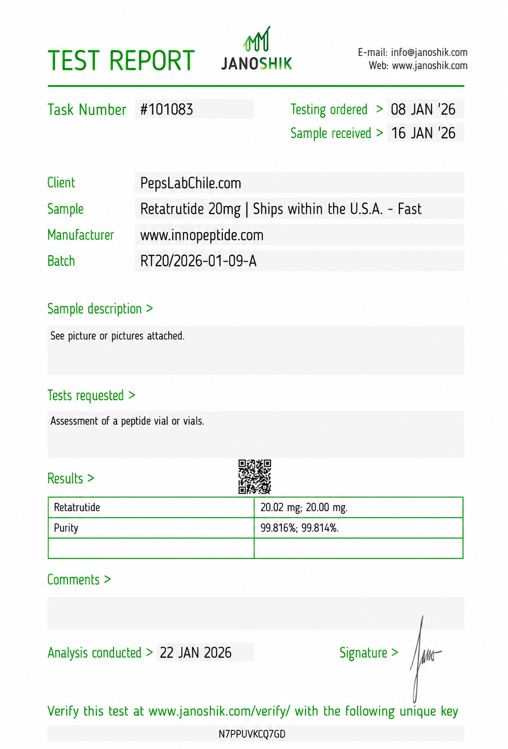 Retatrutide 20mg COA (Certificate of Analysis o Certificado de Análisis)