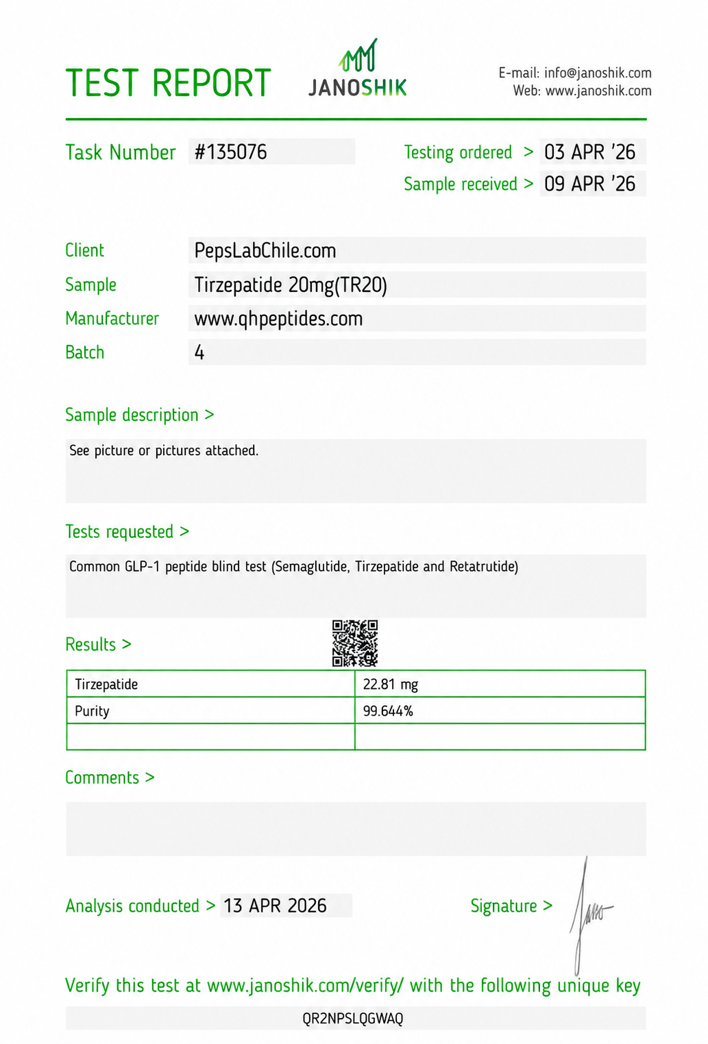 Tirzepatide 20mg COA (Certificate of Analysis o Certificado de Análisis)