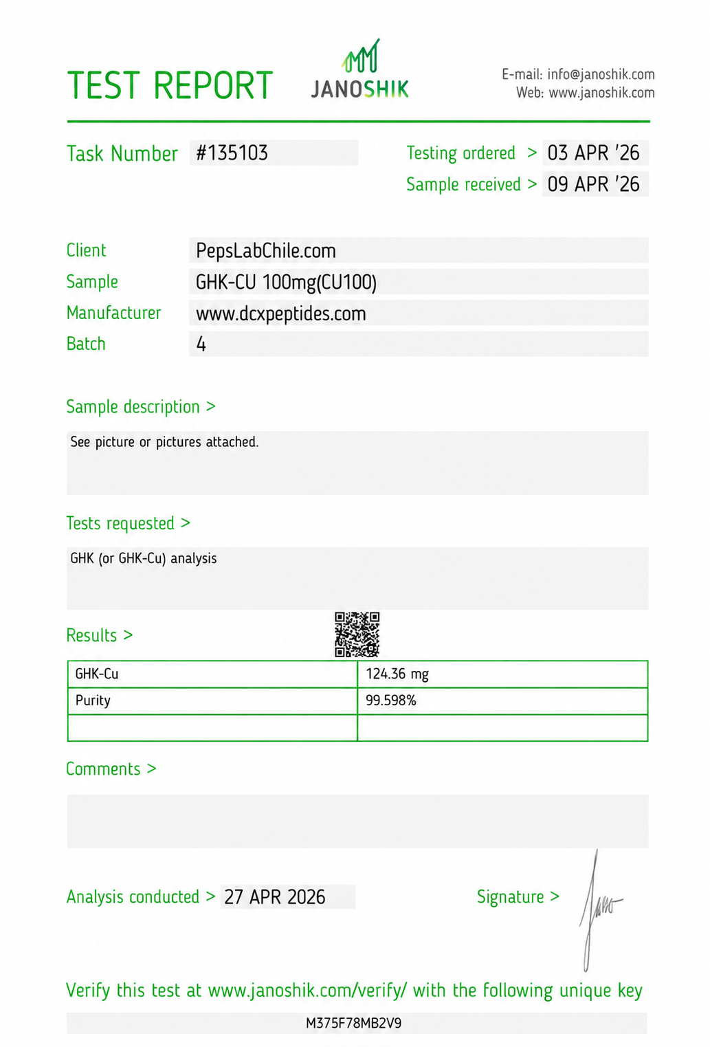 GHK-CU 100mg COA (Certificate of Analysis o Certificado de Análisis)