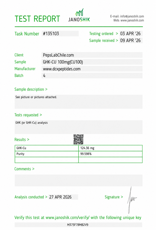 GHK-CU 100mg COA (Certificate of Analysis o Certificado de Análisis)